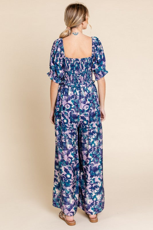 Navy Blue Smocked Square Neck Ruffle Waist Jumpsuit