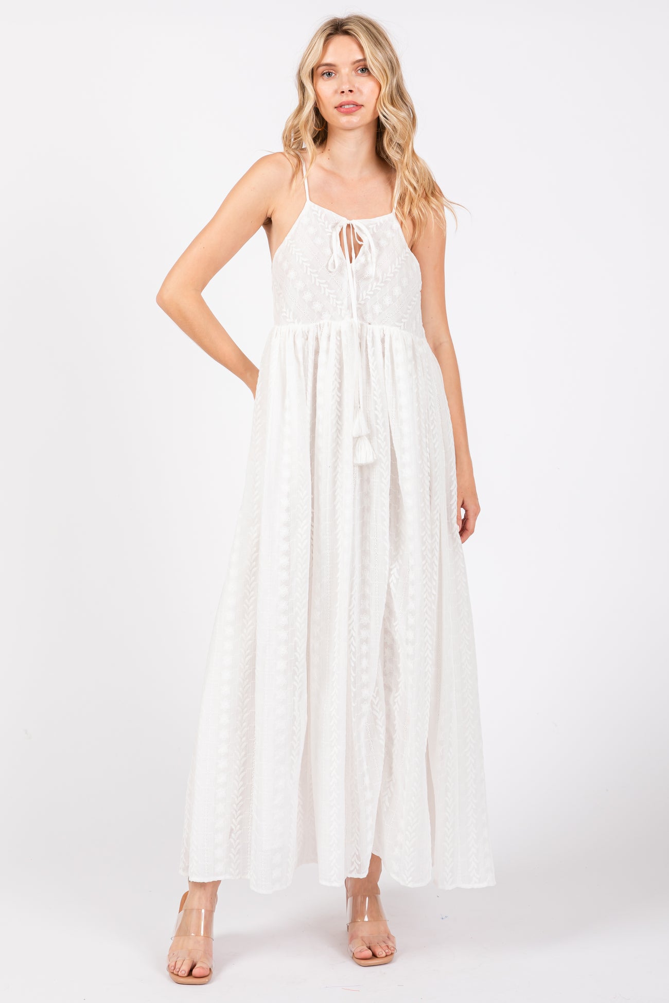 Ivory Embroidered Tassel Tie Maternity Maxi Dress
