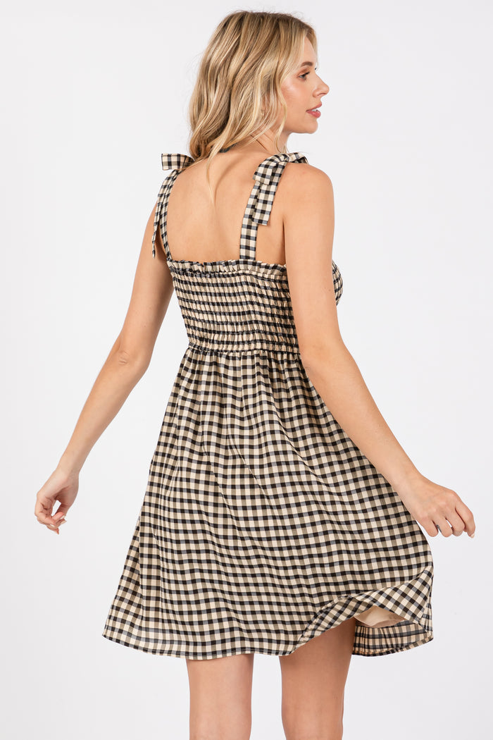 Black Gingham Shoulder Tie Dress
