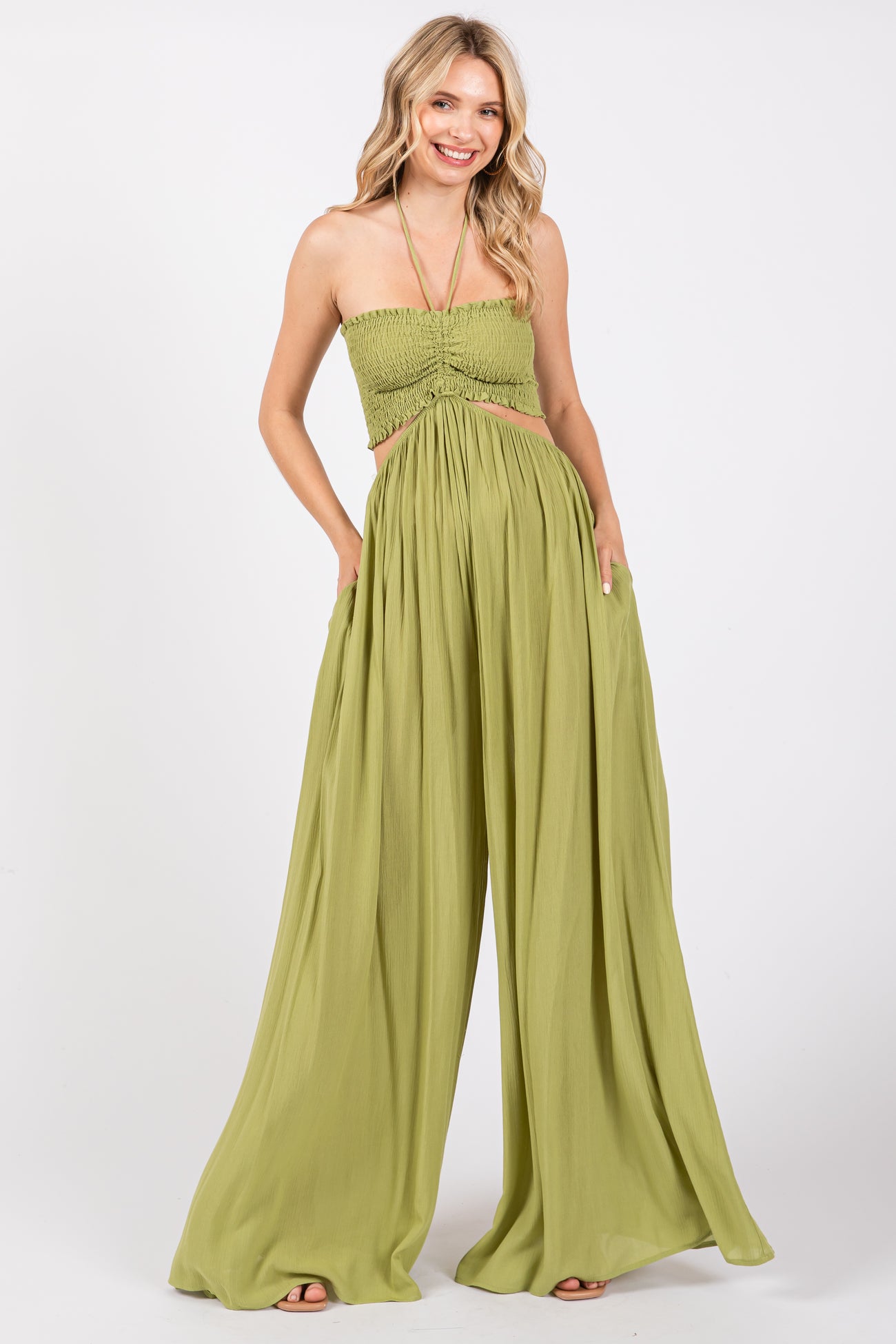 Lime Smocked Drawstring Halter Side Cutout Maternity Jumpsuit