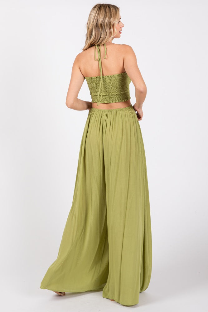 Lime Smocked Drawstring Halter Side Cutout Jumpsuit
