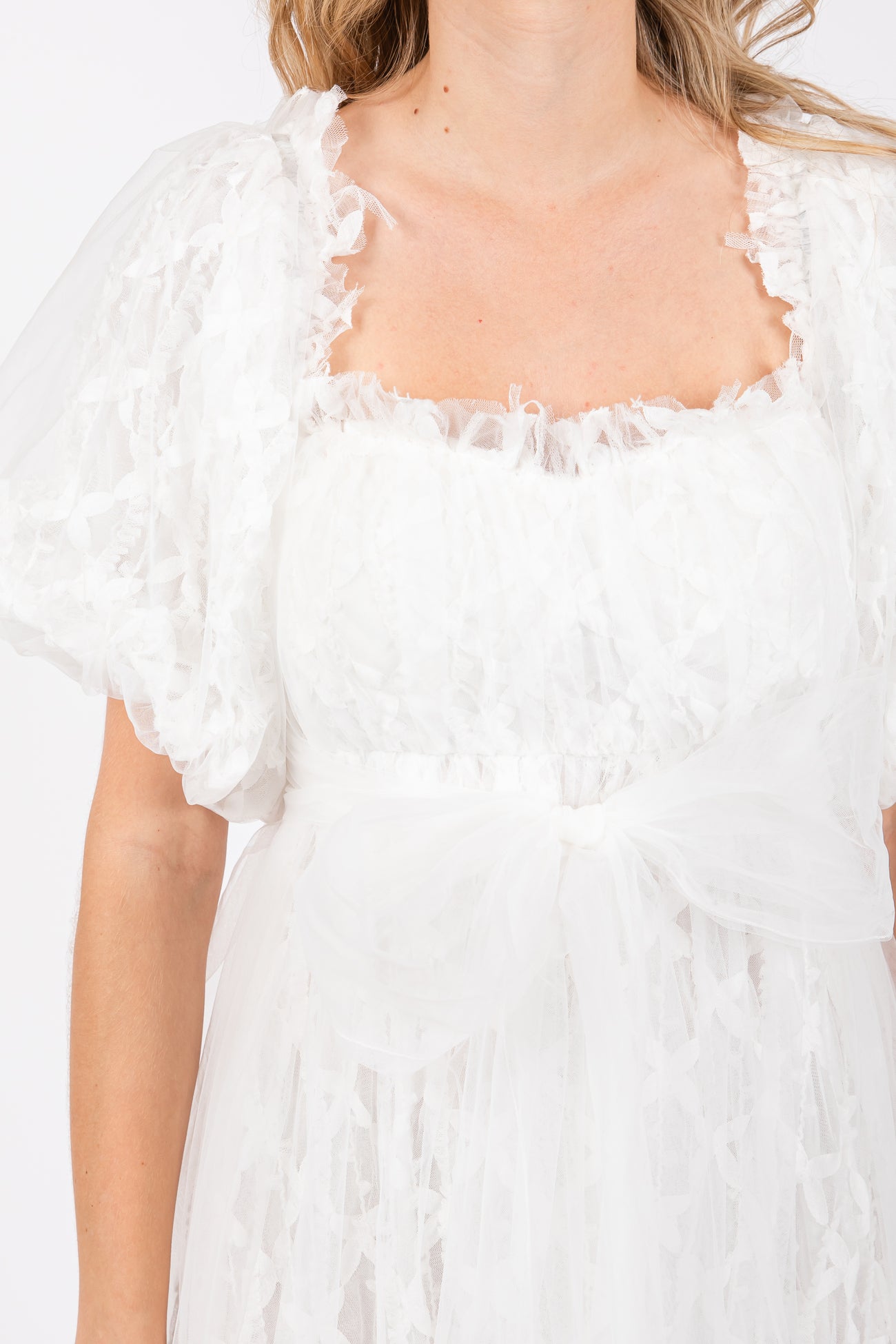 White Balloon Sleeve Embroidery Mesh Midi Dress