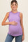 woman wearing a lavender maternity tank top with ruffle details and holding her baby bump