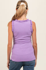 woman wearing a lavender sleeveless maternity top with ruffled details on the shoulders, view from the back