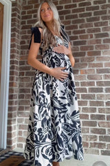 Black Floral Smocked Shoulder Tie Maternity Midi Dress