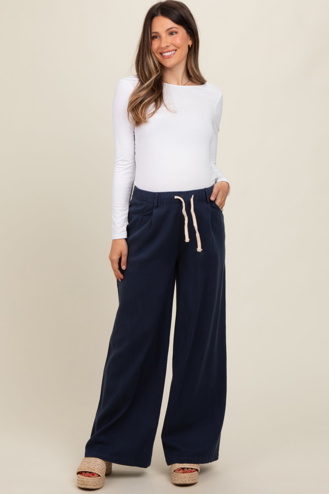 Navy Blue Drawstring Wide Leg Maternity Pants