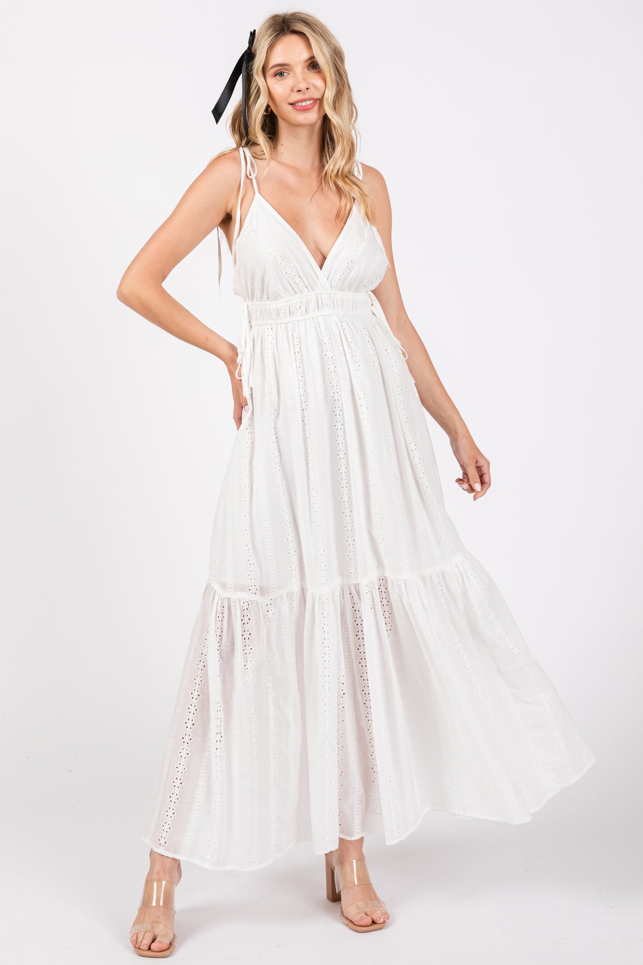 Ivory Floral Eyelet Shoulder Tie Dress