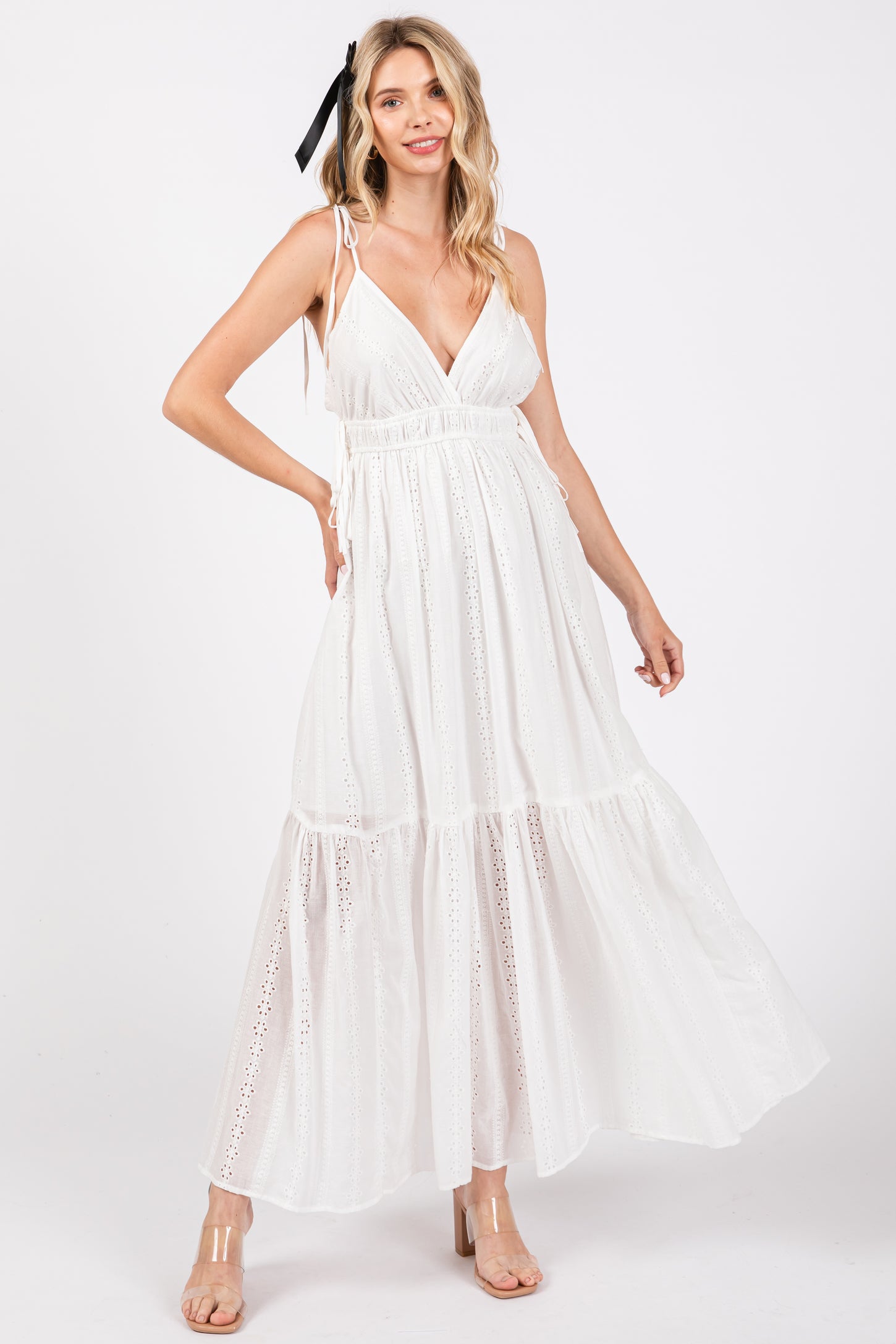 Ivory Floral Eyelet Shoulder Tie Dress