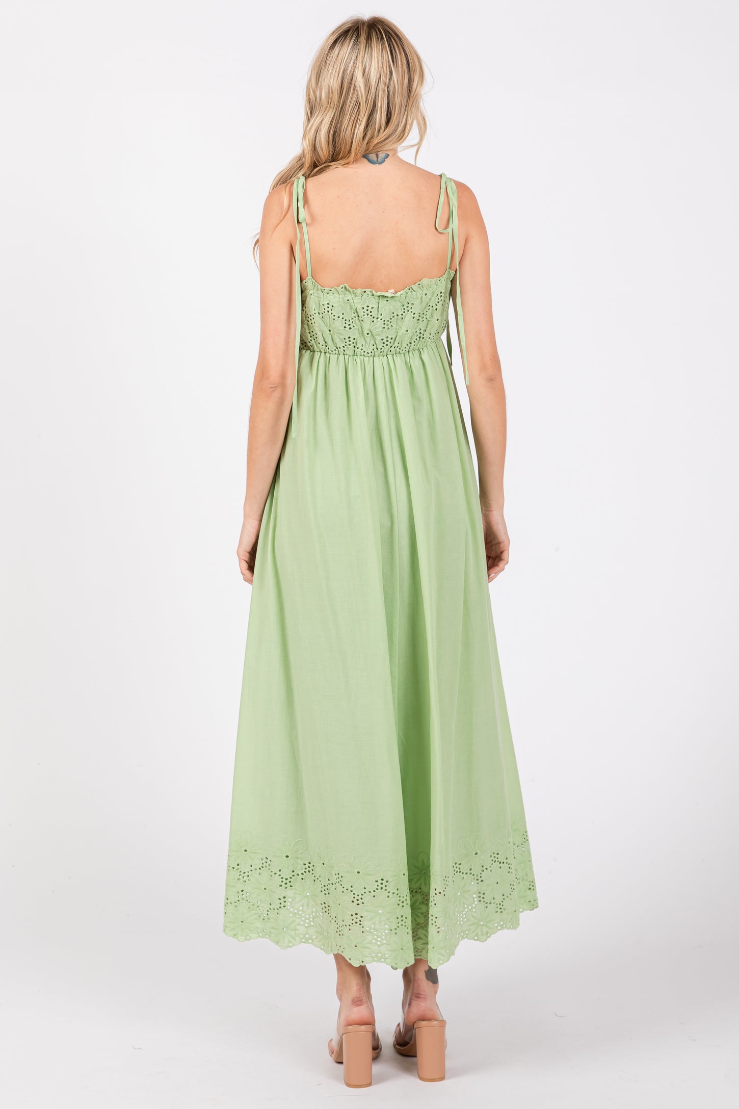 Mint Green Eyelet Floral Shoulder Tie Dress