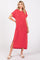 woman wearing a red striped maxi dress with short sleeves and side slits