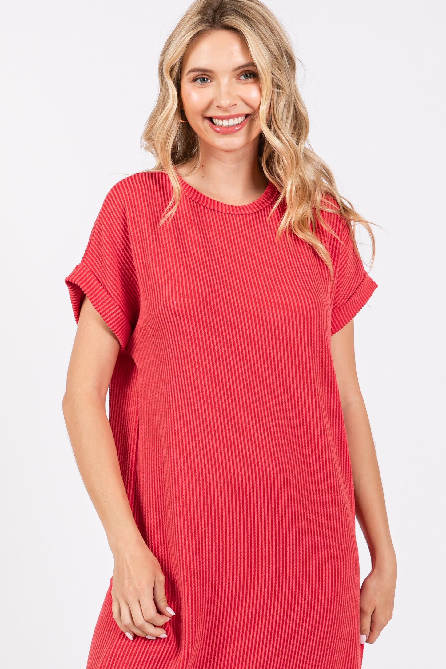 woman wearing a red ribbed oversized t-shirt dress with short sleeves