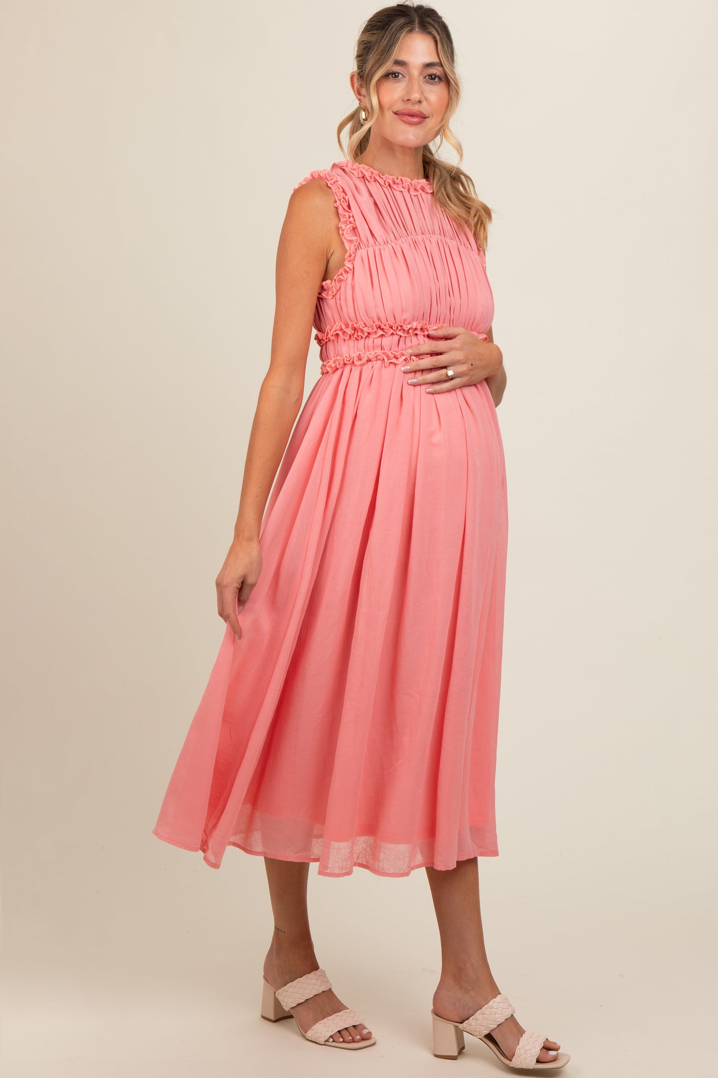 Coral Chiffon Ruched Lettuce Edge Ruffle Maternity Midi Dress