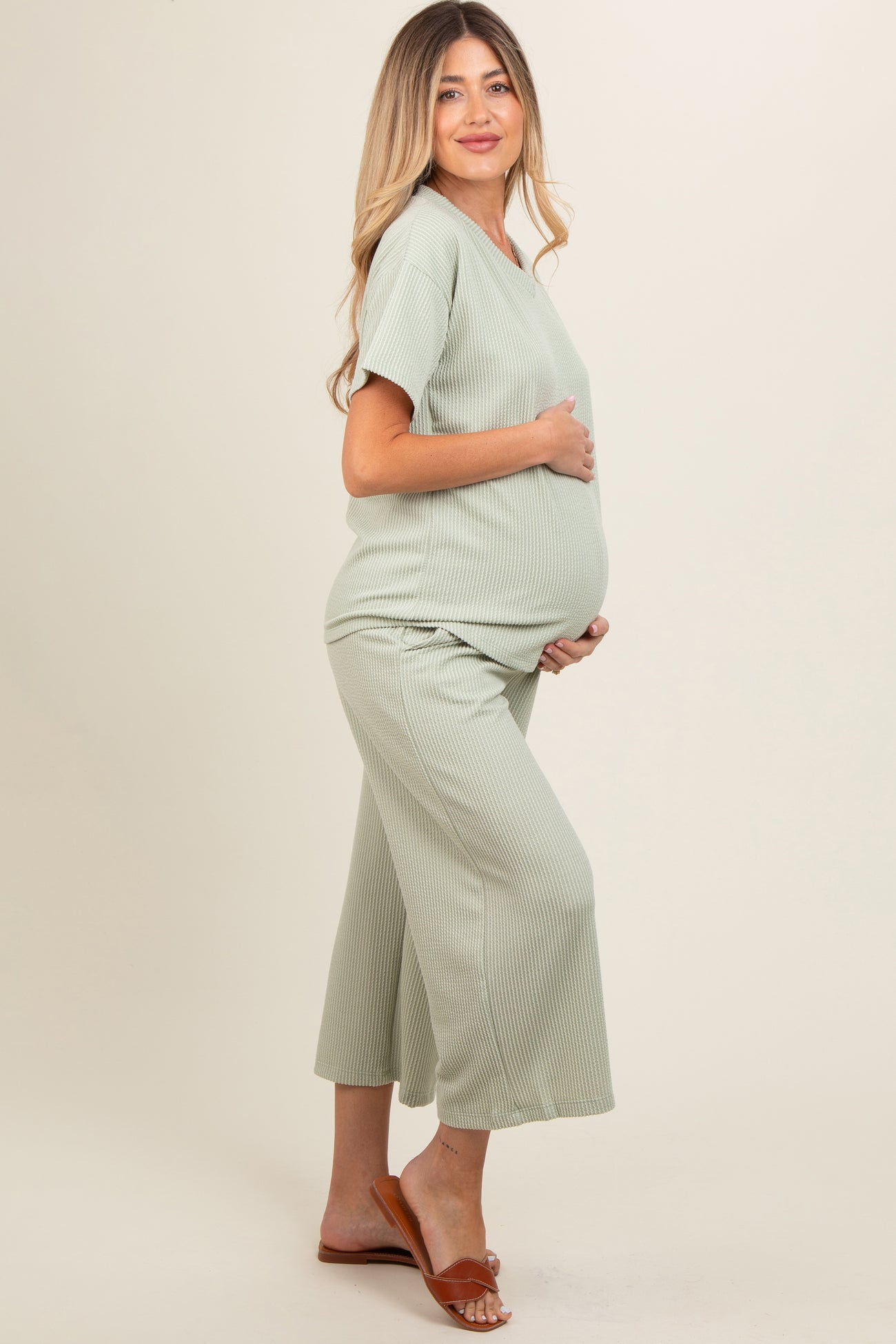 Sage Ribbed Short Sleeve Top Maternity Pajama Set