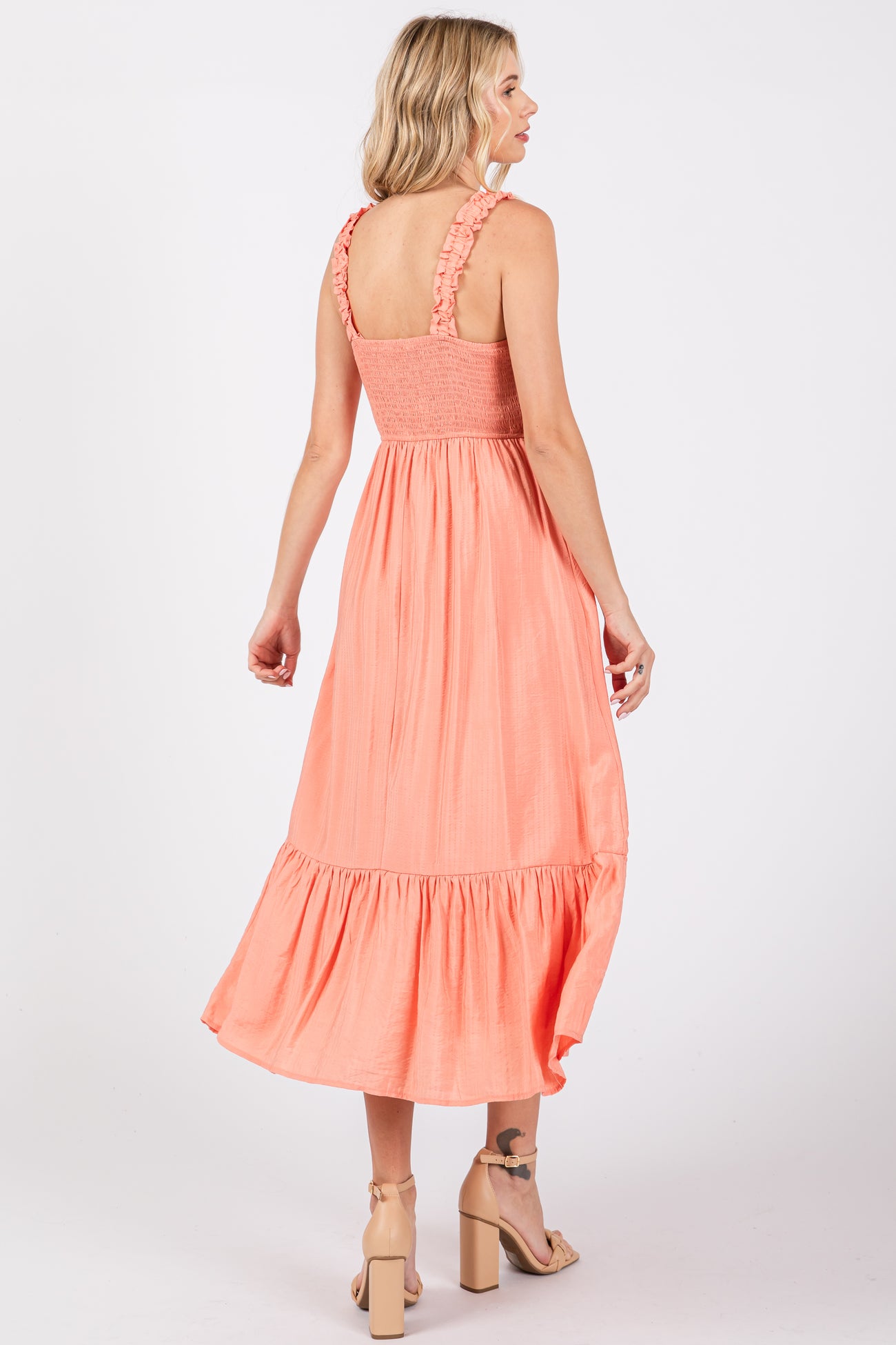 Coral Smocked Bodice Maxi Dress