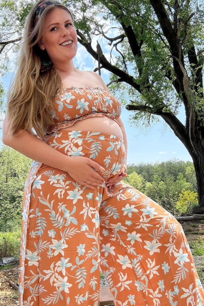 Camel Floral Tube Top Wide Leg Pant Maternity Set
