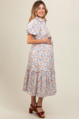 Ivory Floral Puff Sleeve Button Down Maternity Midi Dress