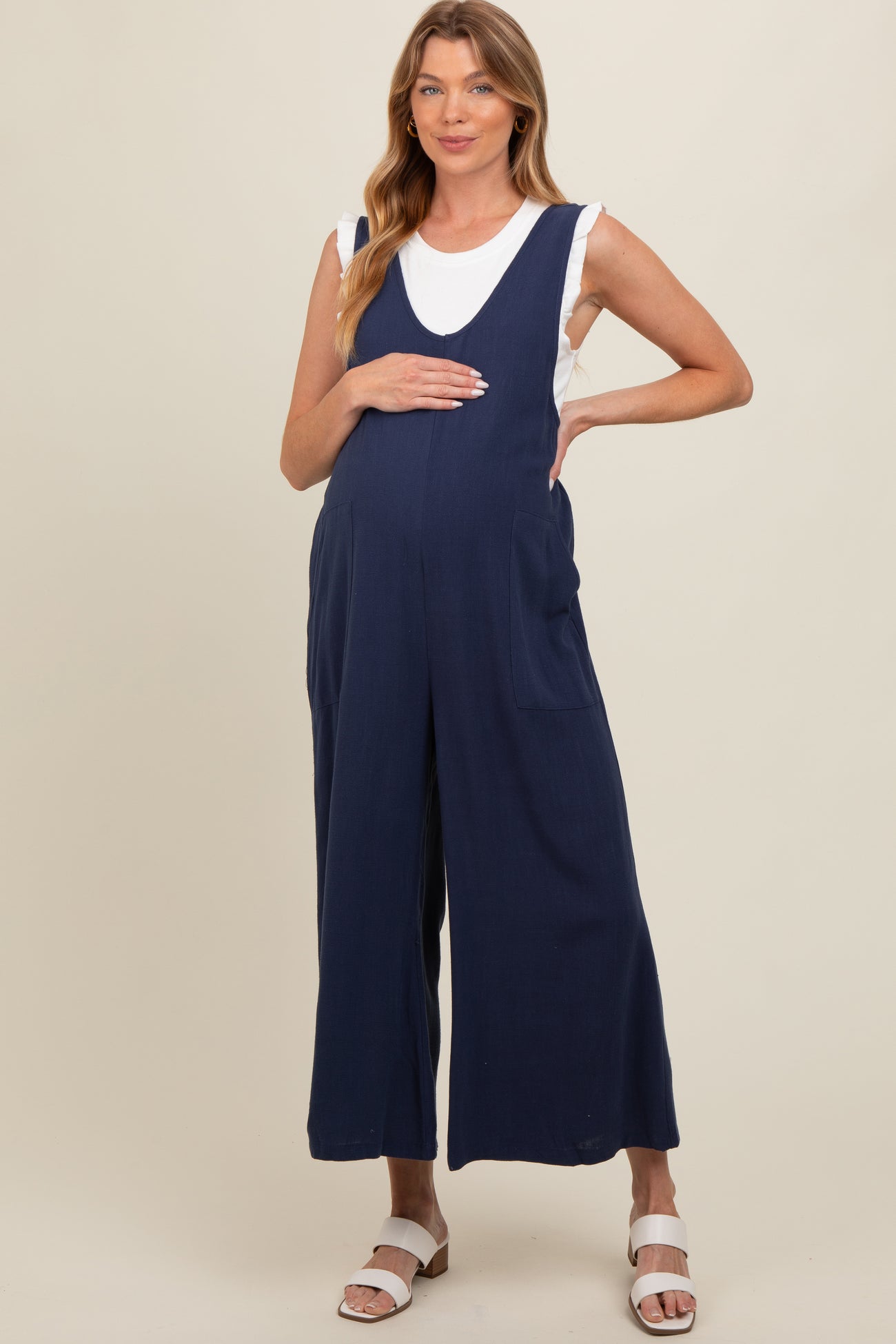 Navy Blue V-Neck Wide Leg Maternity Jumpsuit