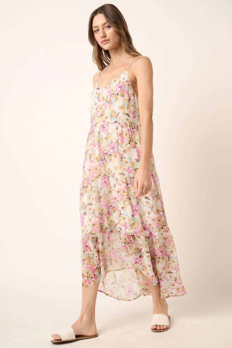 woman wearing a floral maxi dress with spaghetti straps and a flowy silhouette, styled with slide sandals