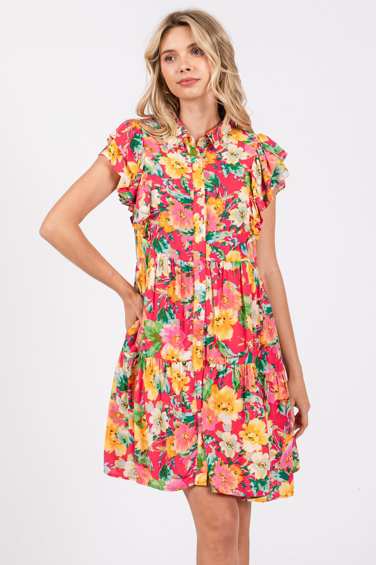 Fuchsia Floral Print Baby Doll Dress