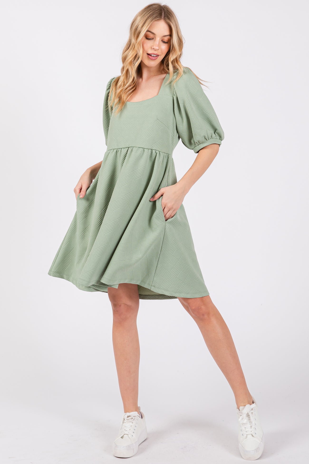 Mint Green Jacquard Puff Sleeve Maternity Dress
