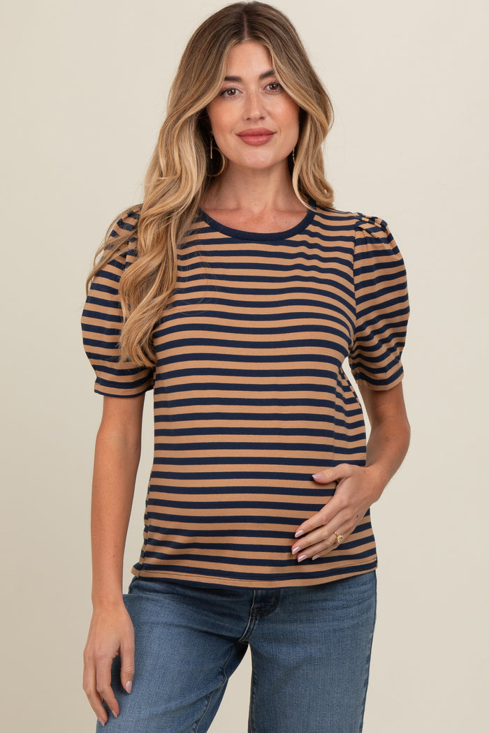 Navy Multi Striped Puff Sleeve Knit Maternity Top