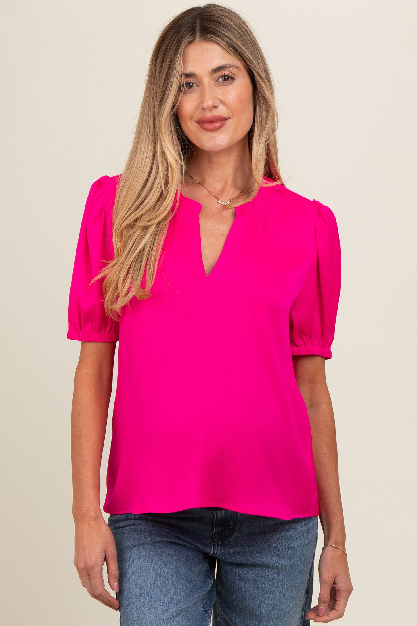 Fuchsia V-Neck Puff Sleeve Maternity Blouse