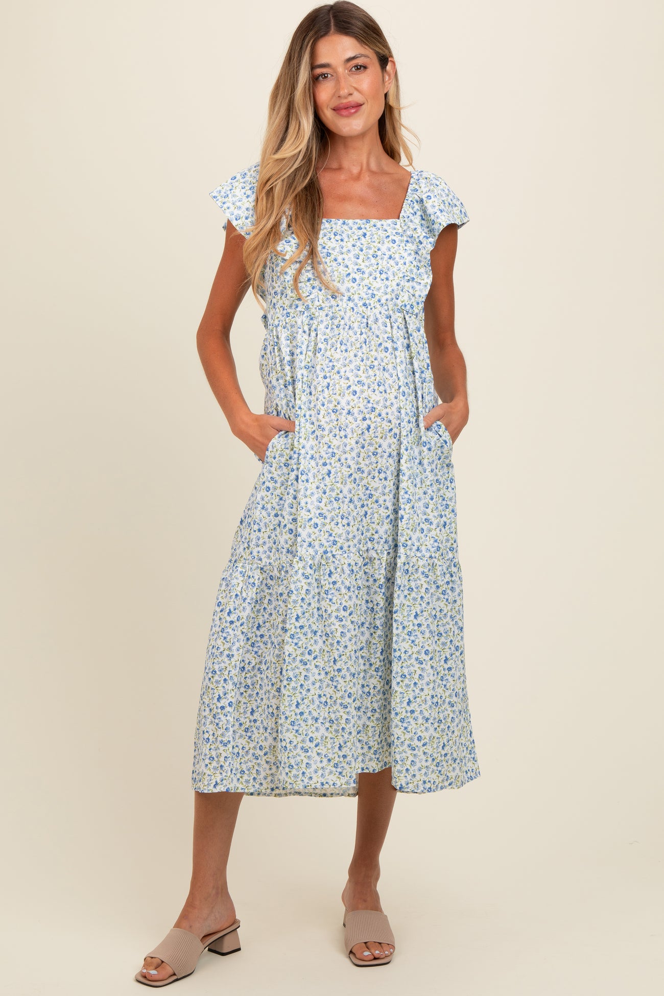 Blue Floral Ruffle Off Shoulder Maternity Midi Dress