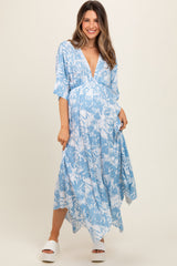 Blue Printed V-Neck Draped Maternity Maxi Dress