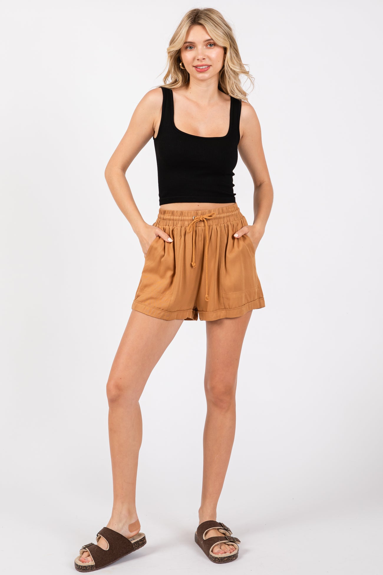 Camel Drawstring Waist Tie Shorts