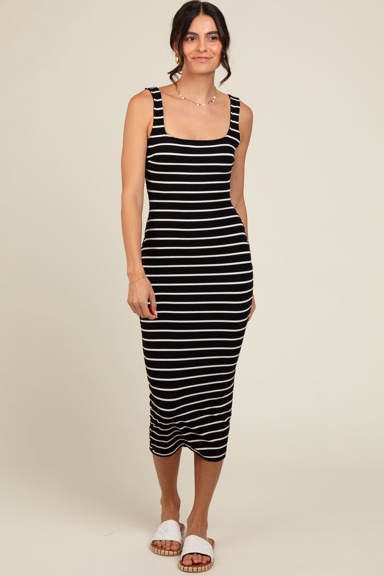 Black Striped Fitted Square Neck Maternity Midi Dress