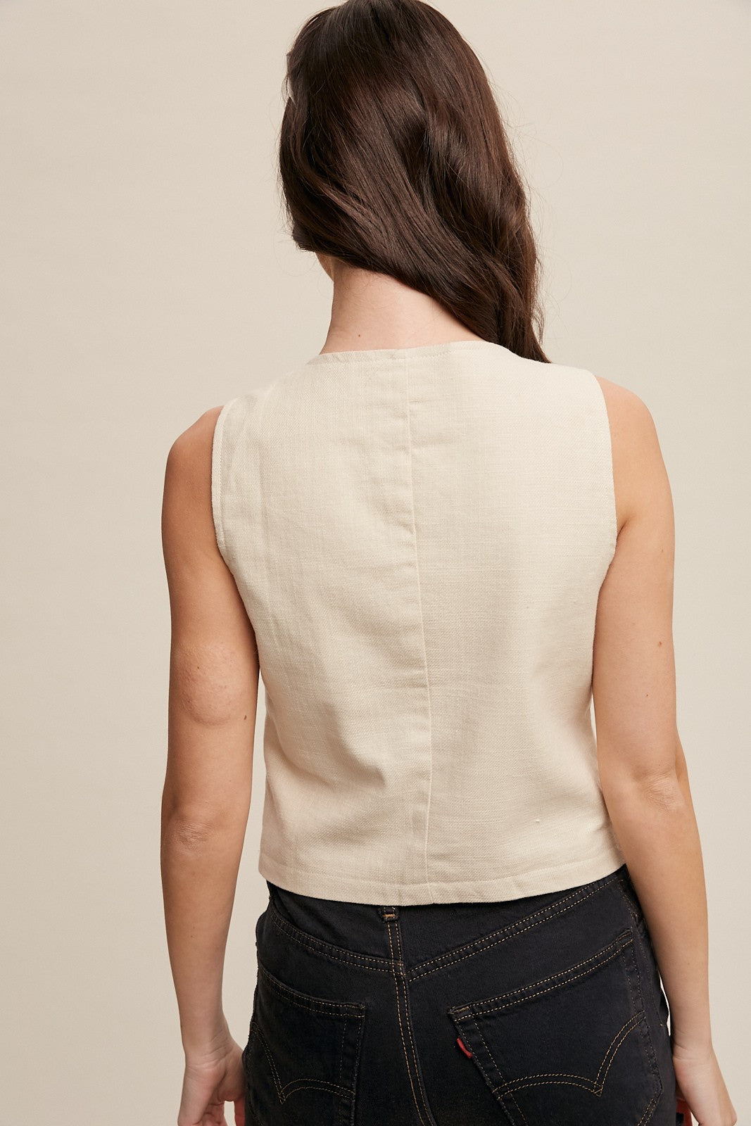 Natural Fitted Linen Vest With Pockets