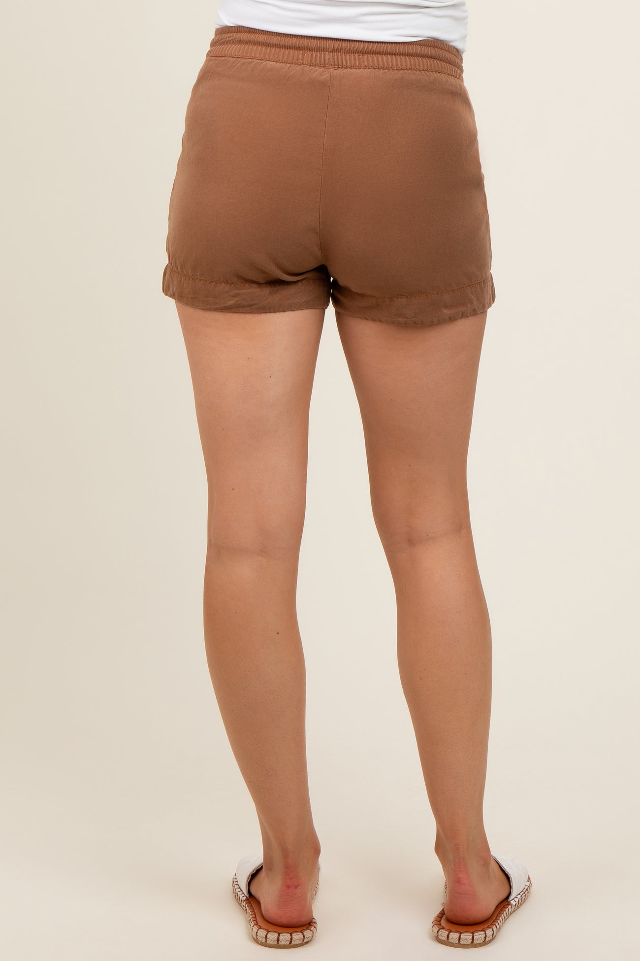 Brown Drawstring Side Pocket Maternity Shorts