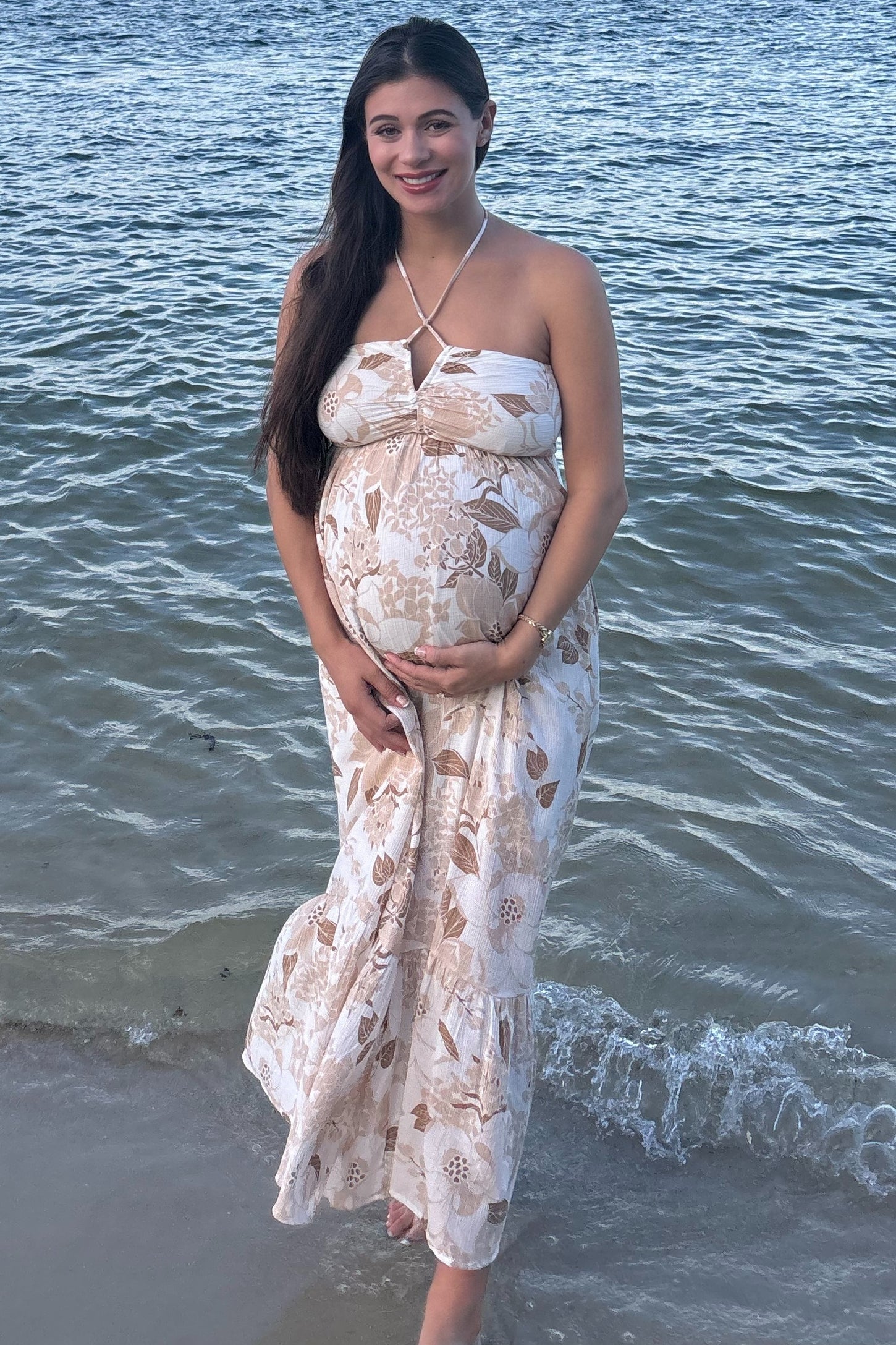 Beige Floral Ruched Front Halter Maternity Midi Dress