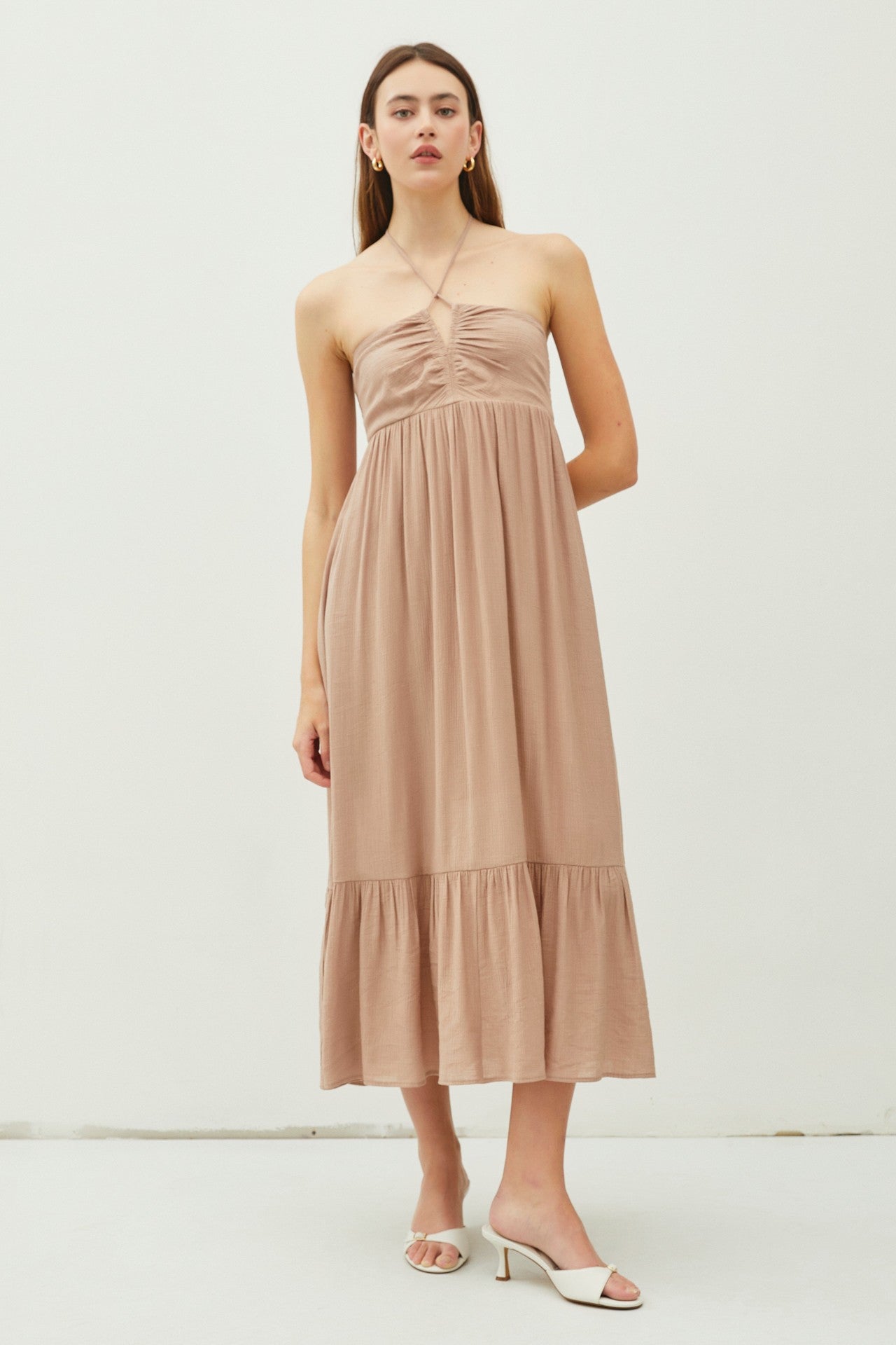 Taupe V-Front Halter Maternity Midi Dress
