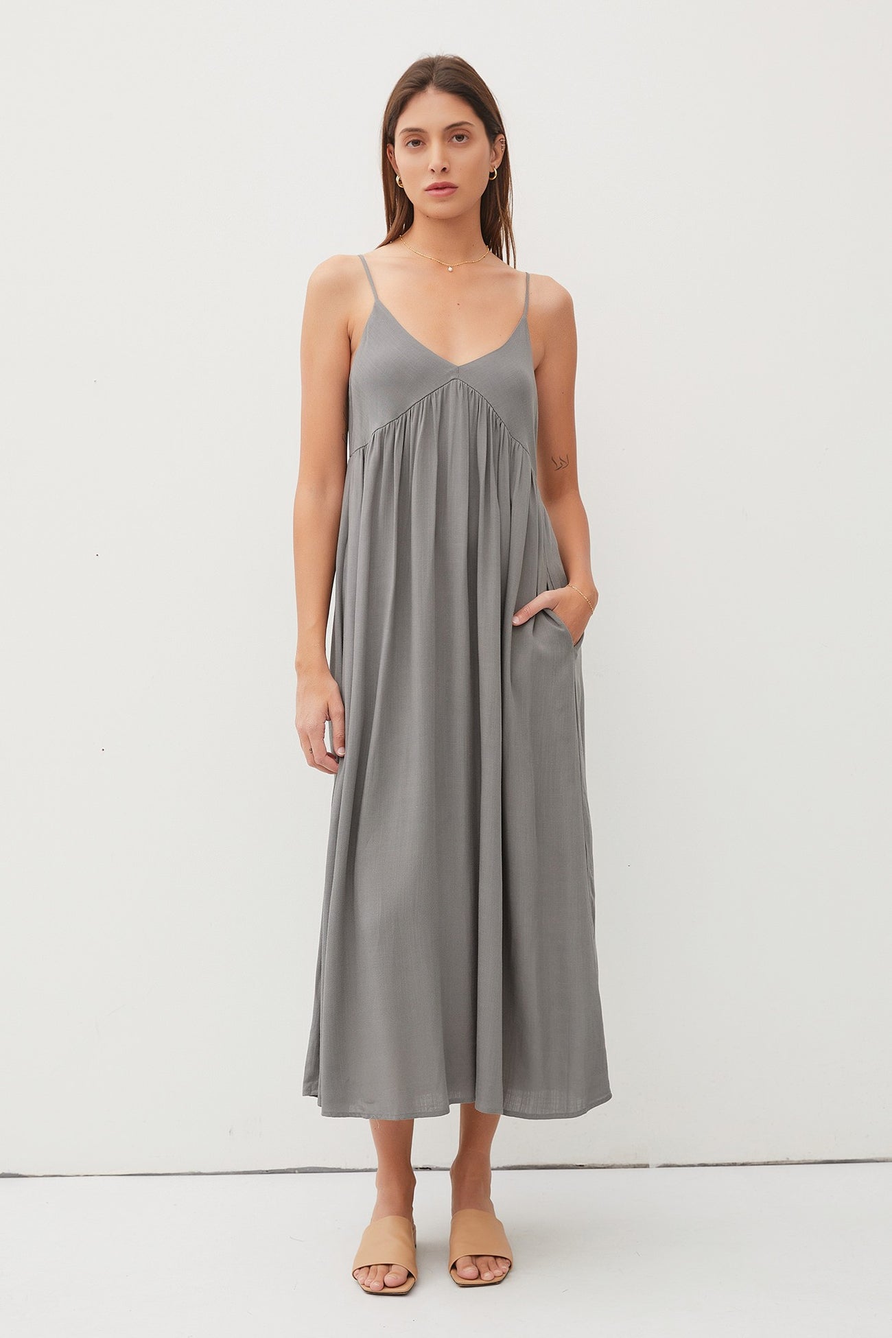 Light Olive V-Neck Sleeveless Midi Dress