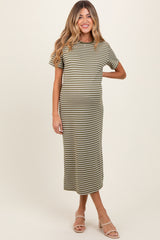 woman wearing a green and white striped maternity dress with short sleeves and a baby bump visible