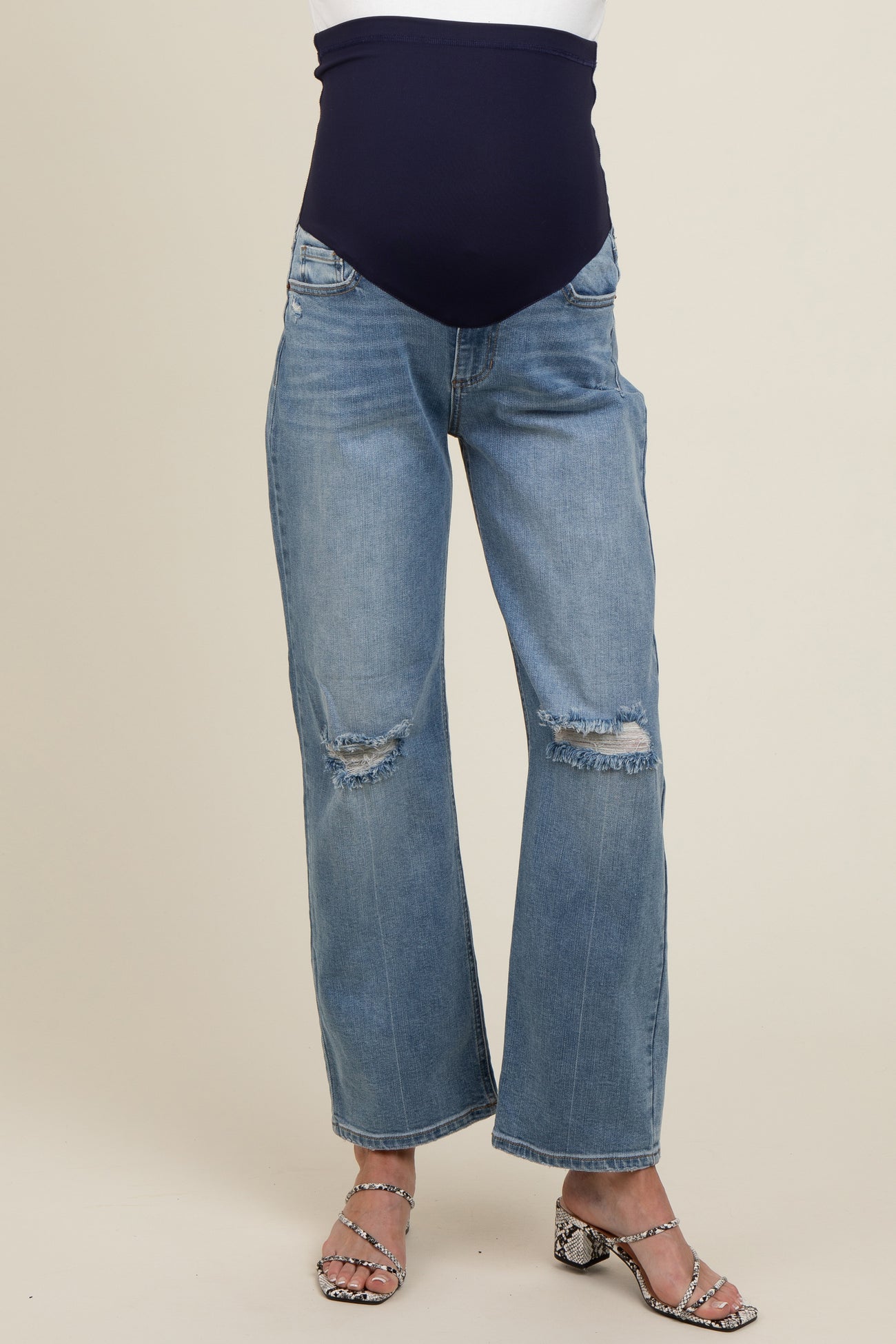 Blue Distressed Knee Straight Leg Maternity Jeans