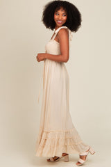 Beige Sweetheart Neck Smocked Shoulder Tie Maxi Dress