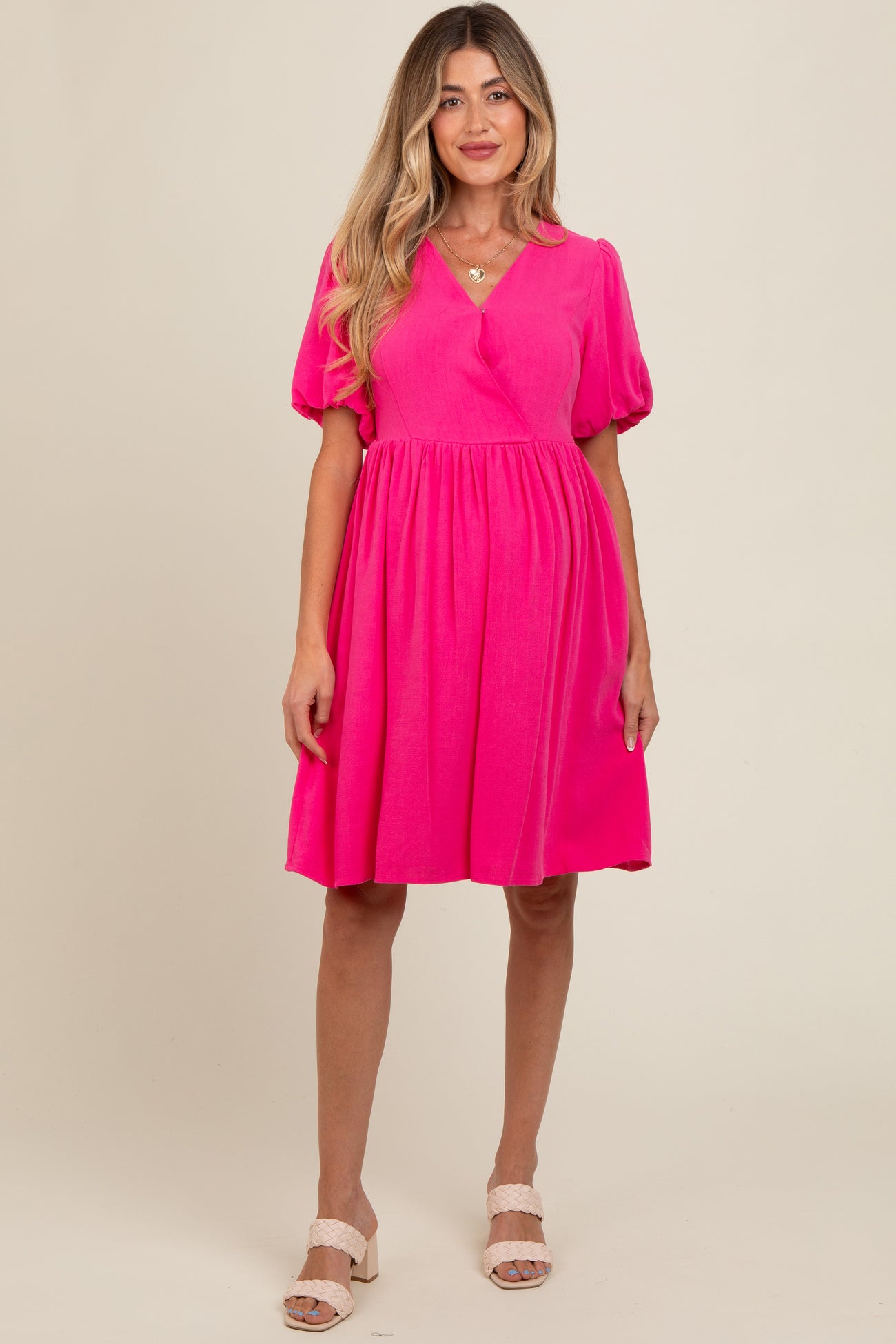 Fuchsia Linen Puff Sleeve Maternity Dress