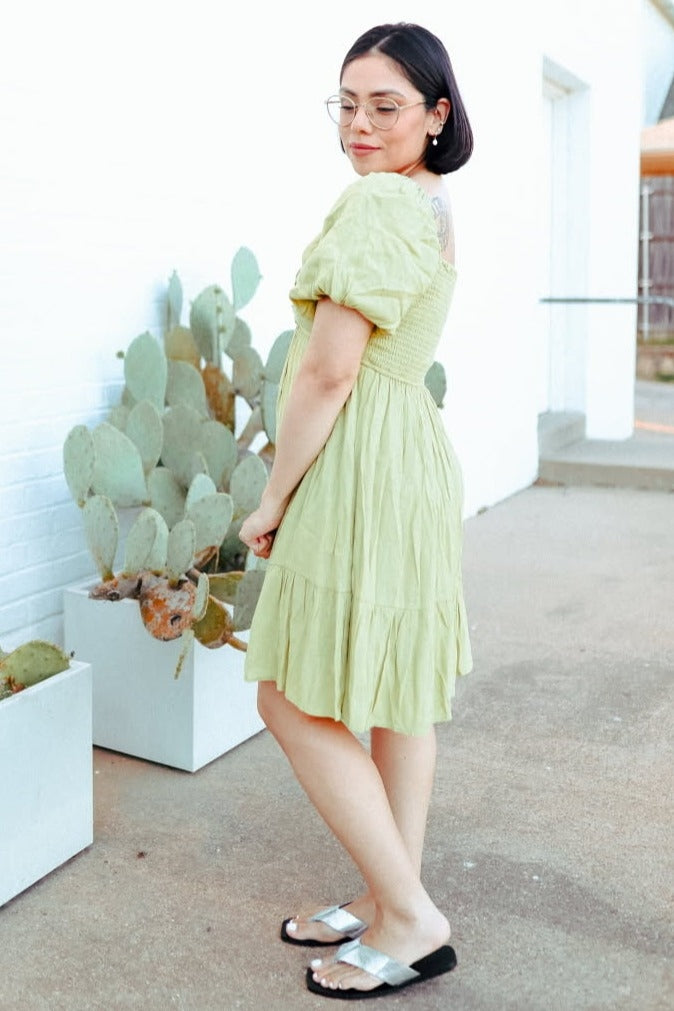 Light Olive U Notched Bubble Short Sleeve Dress