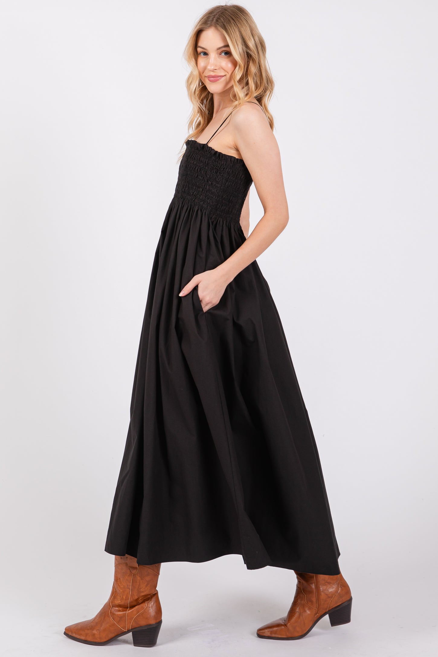 Black Smocked Pocketed Midi Dress