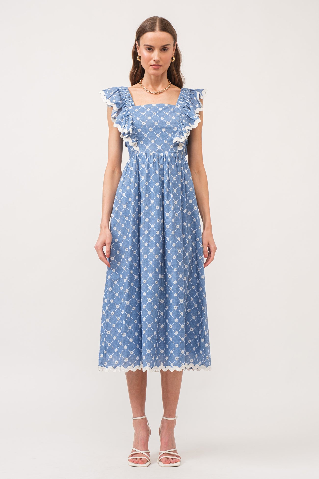 Blue Printed Ruffle Accent Midi Dress