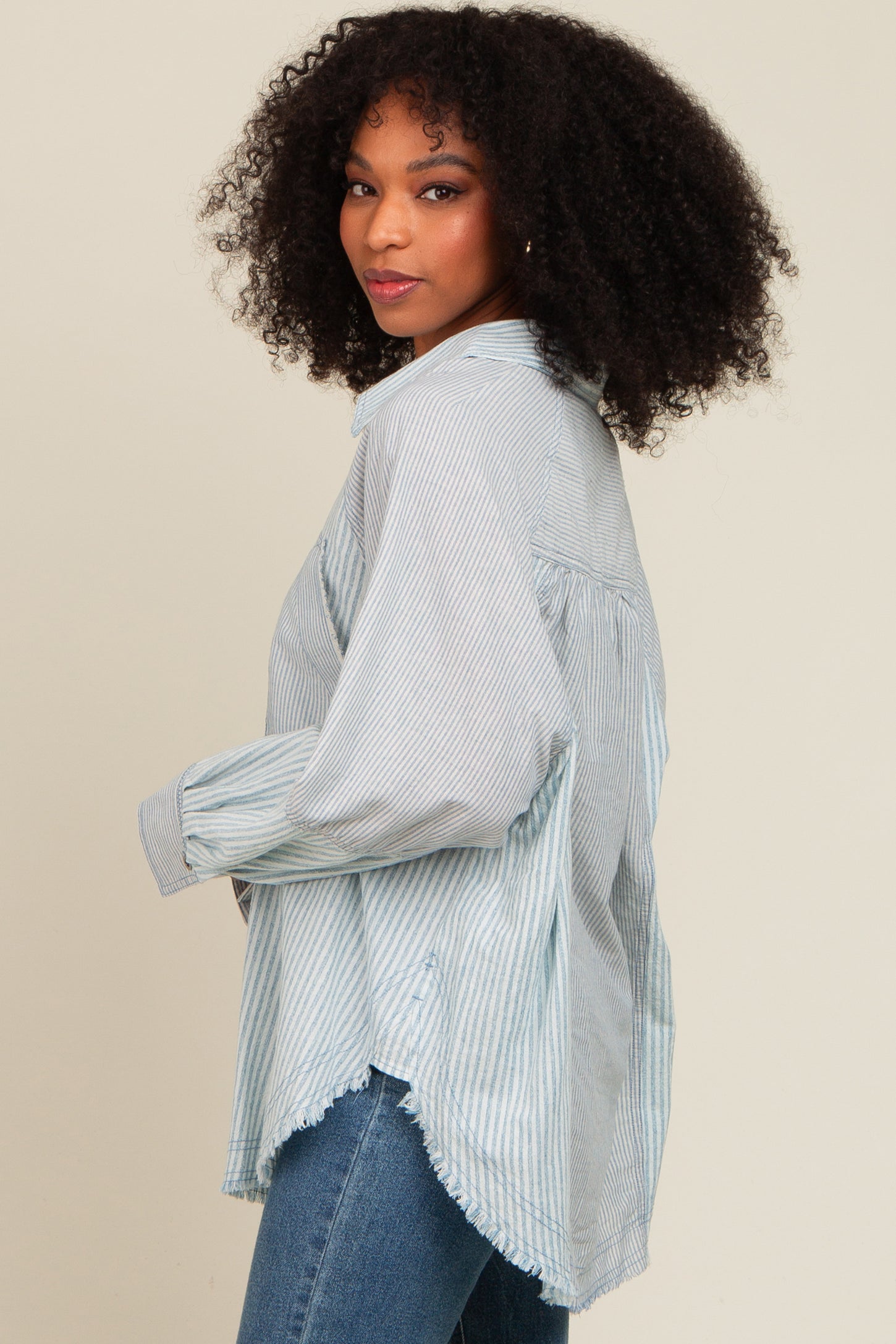 Blue Striped Button Down Oversized Long Sleeve Top