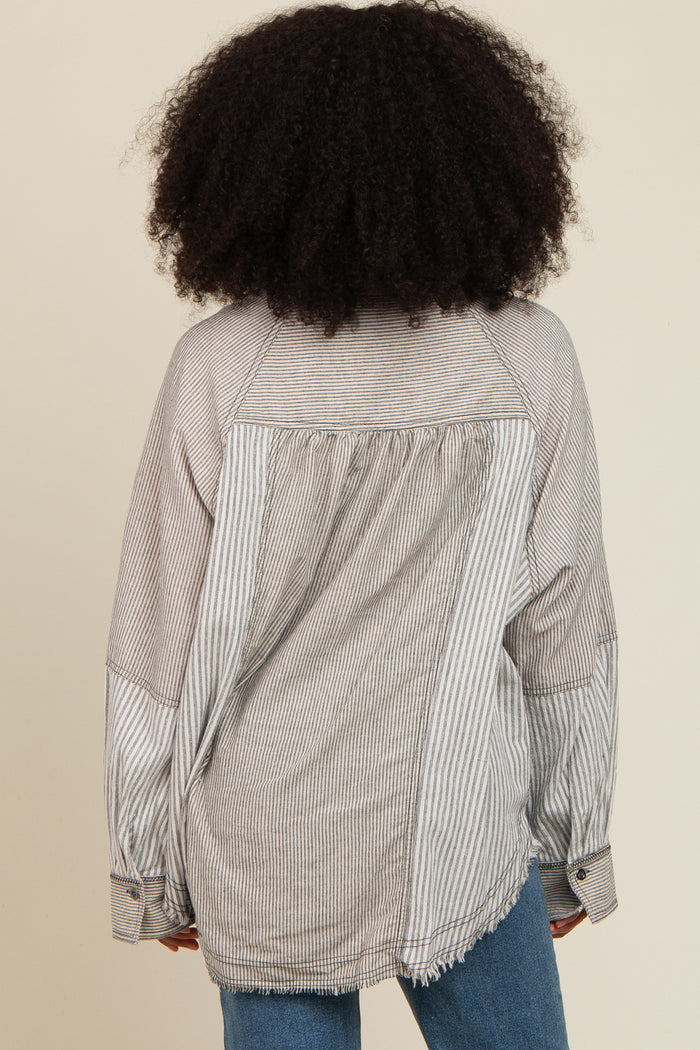 Ivory Striped Button Down Oversized Long Sleeve Top