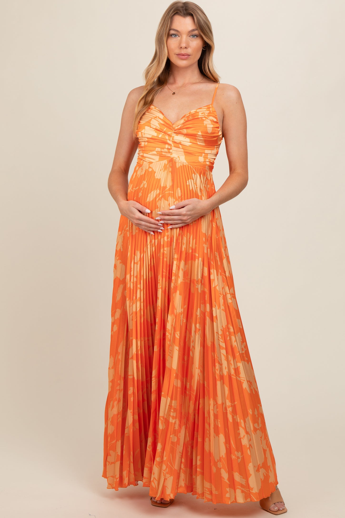 Orange Floral Pleated Satin Maternity Maxi Dress