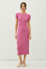 Magenta Rib Knit Back Slit Dress
