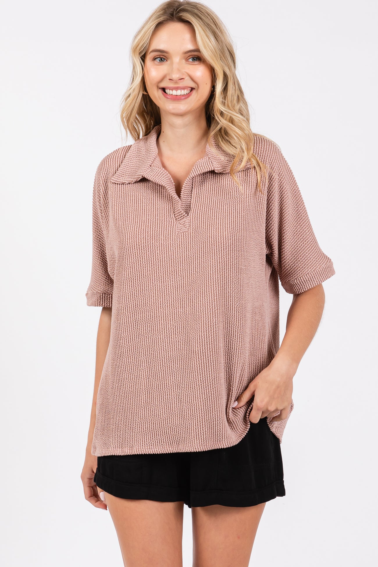 Mocha Ribbed Collared Top