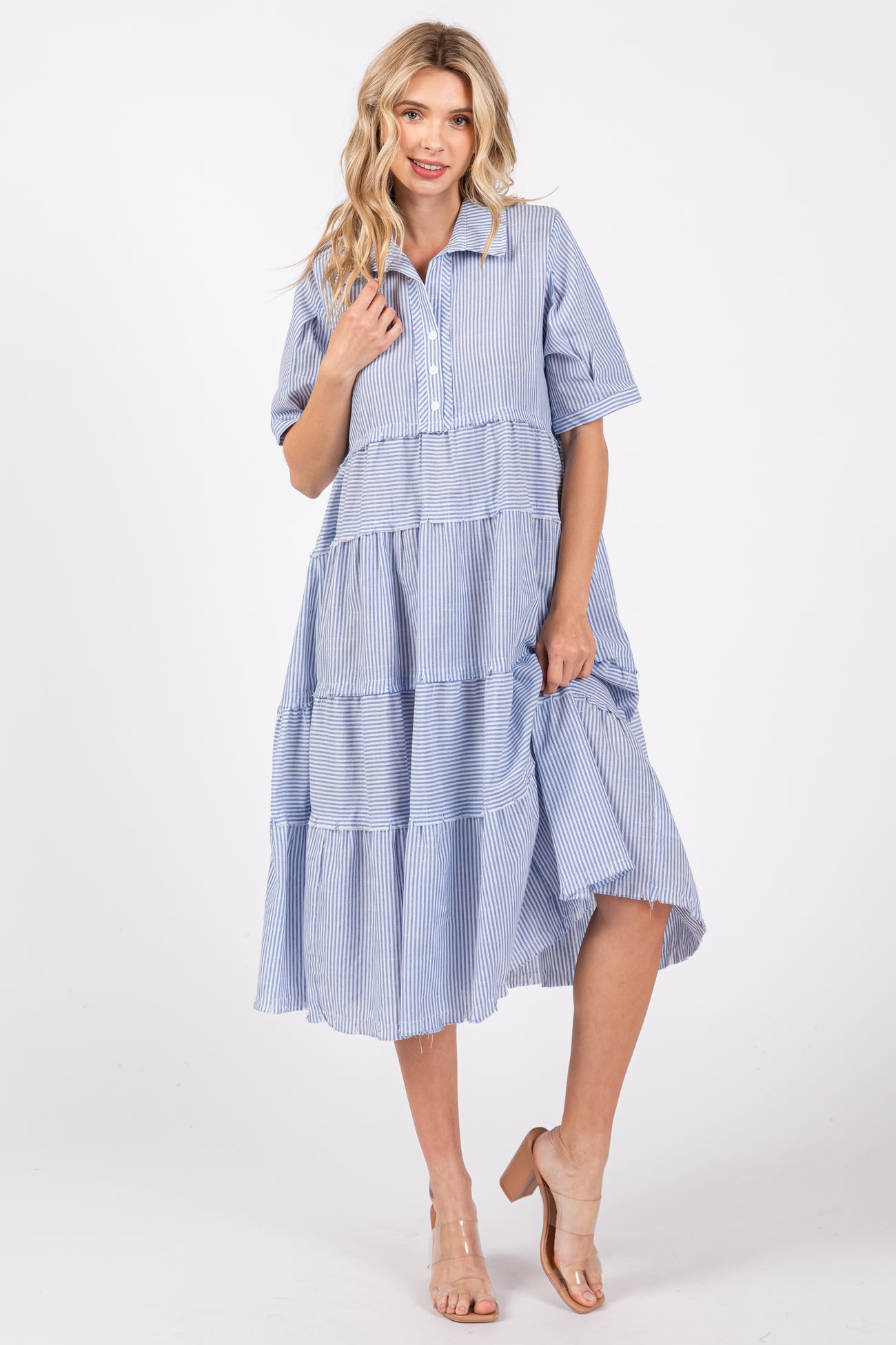 Blue Striped Tiered Raw Hem Midi Dress