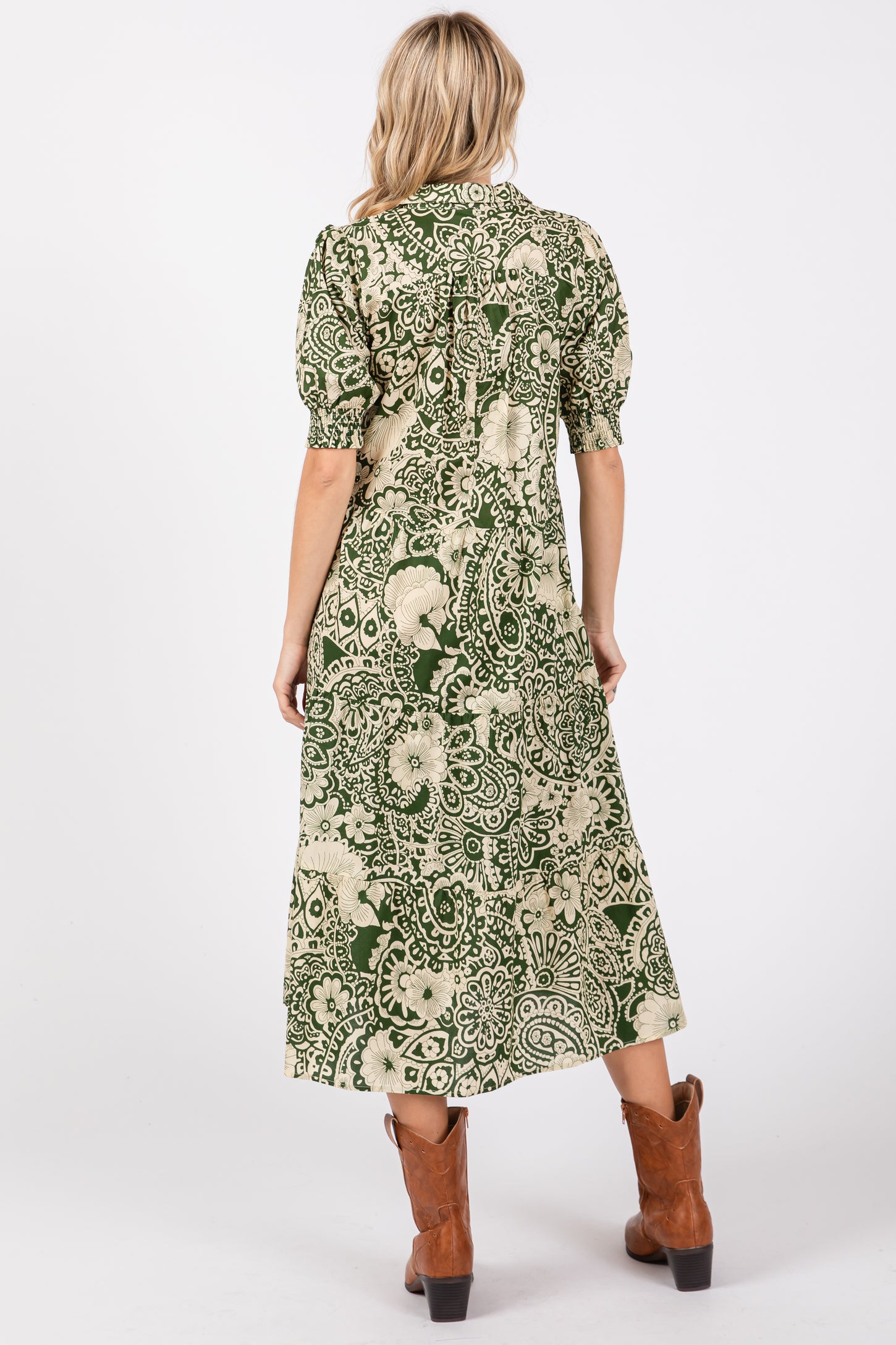 woman wearing a green and cream floral print maxi dress with puff sleeves and brown ankle boots