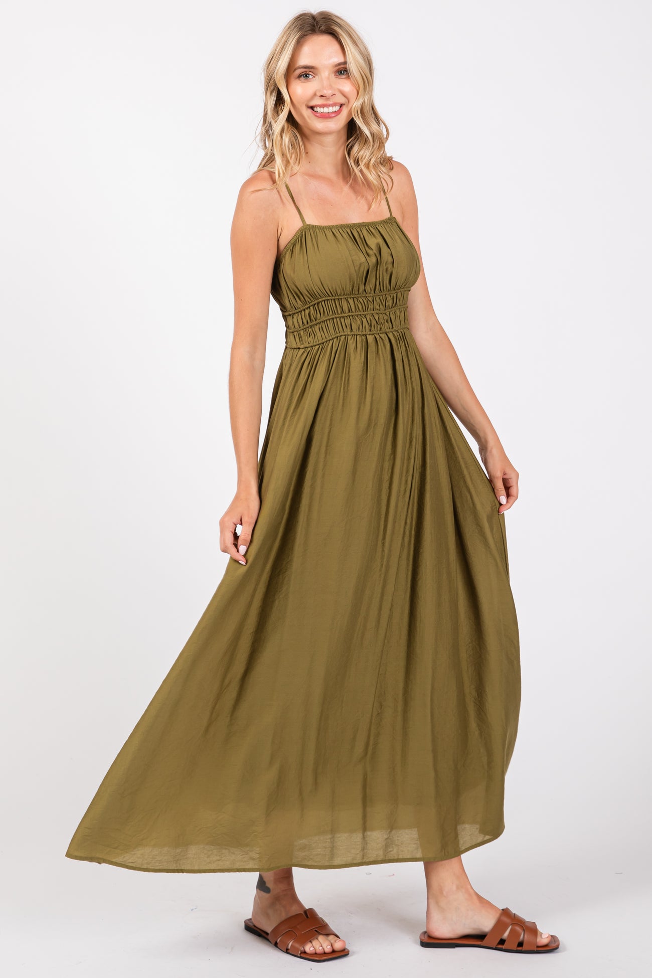 Olive Sleeveless Square Neckline Maxi Dress